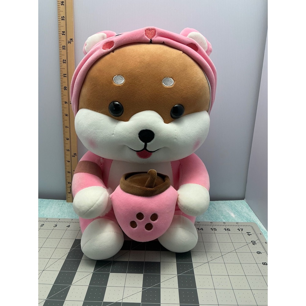Cute Dog Plush Stuffed Animal Pink Hoodie‎ Boba Drink Kawaii Toy Gift